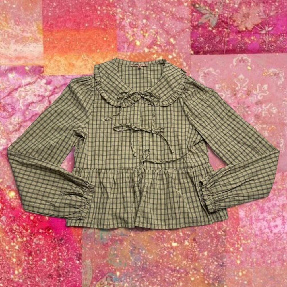 Bailey Rose brown plaid blouse with tie front and ruffle collar. Size M - Picture 5 of 6